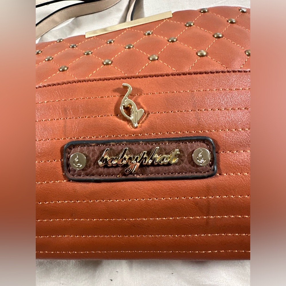 Baby phat Y2K Cognac Brown Studded Quilted Leather Crossbody Purse Pink Liner - Picture 10 of 16